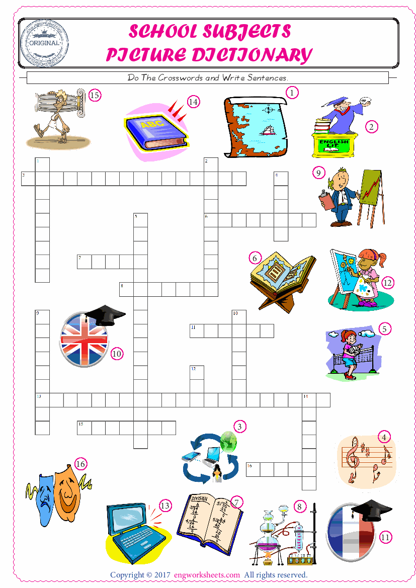  ESL printable worksheet for kids, supply the missing words of the crossword by using the School Subjects picture. 